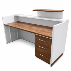 Recepción moderna en L con cajonera y acabados en blanco y madera para oficinas corporativas