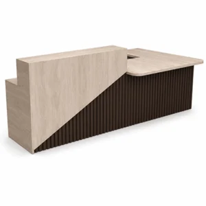 Recepción moderna con panel decorativo ranurado y acabados premium en madera