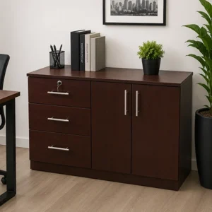 Archivador ejecutivo para oficina con cajones y puertas laterales en acabado madera oscura copia