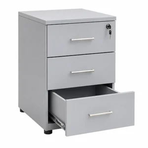 Cajonera metálica de tres gavetas color gris con cerradura superior para oficina y almacenamiento de documentos.