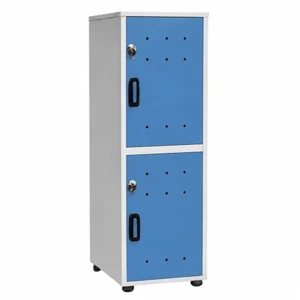 Locker metálico doble puerta color azul con compartimentos independientes y cerradura para oficinas, gimnasios y colegios.