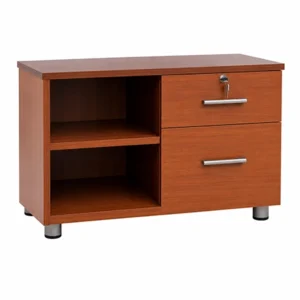 Mesa auxiliar organizadora de madera con cajones y compartimentos abiertos para oficina y espacios ejecutivos.