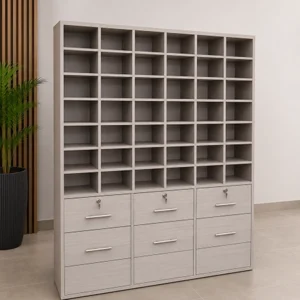 Organizador modular para oficina con compartimentos abiertos y cajones inferiores con cerradura