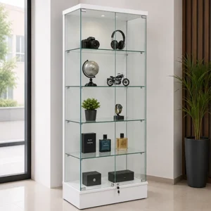 Vitrina exhibidora de vidrio templado con entrepaños para exhibición de productos y artículos de valor