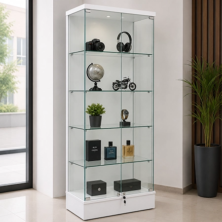 Vitrina exhibidora de vidrio templado con entrepaños para exhibición de productos y artículos de valor